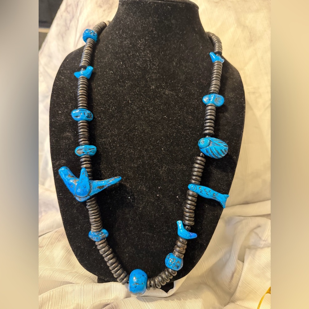 Hand-Carved Blue Painted Bird & Fish Bead Necklace Silver-Tone Heishi Statement